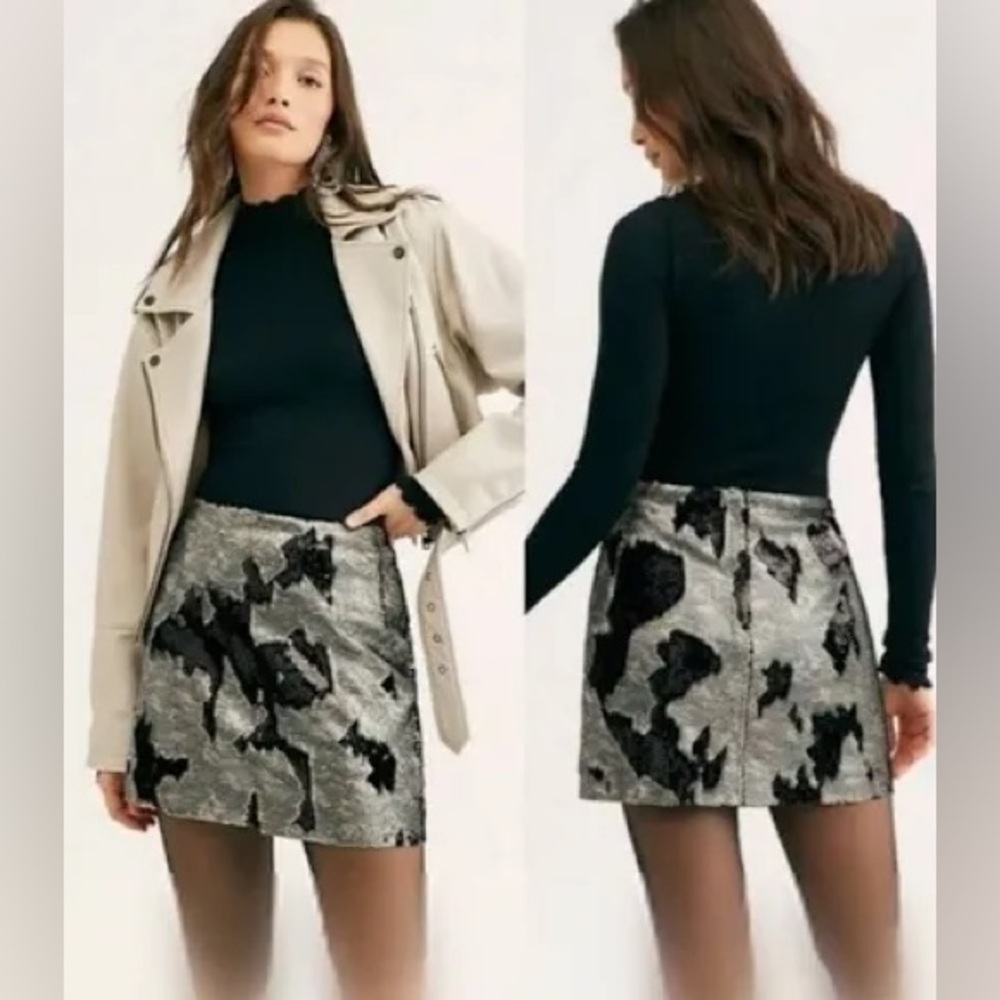 NWT free people skinny sequin mini skirt in camo